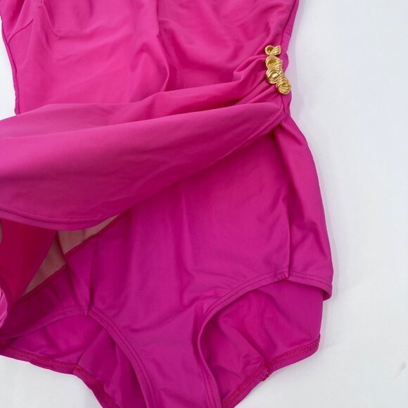 Beach Bay Retro 50s Look Pink Marilyn Monroe Bombshell Swimsuit Gold Side Button - Picture 5 of 10
